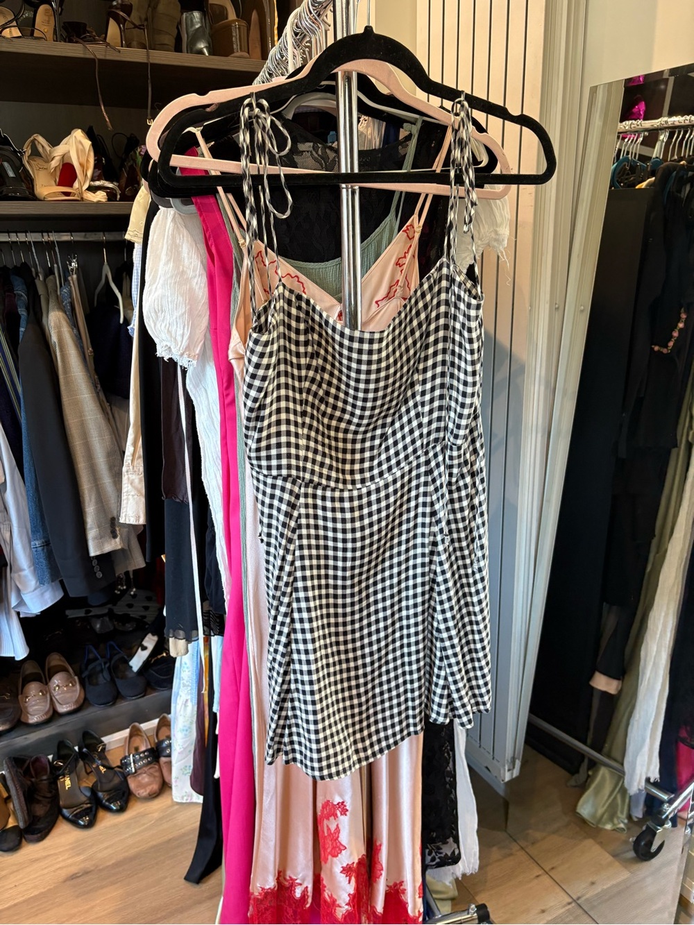 Reformation Black and White Gingham Mini Dress with Tie Straps